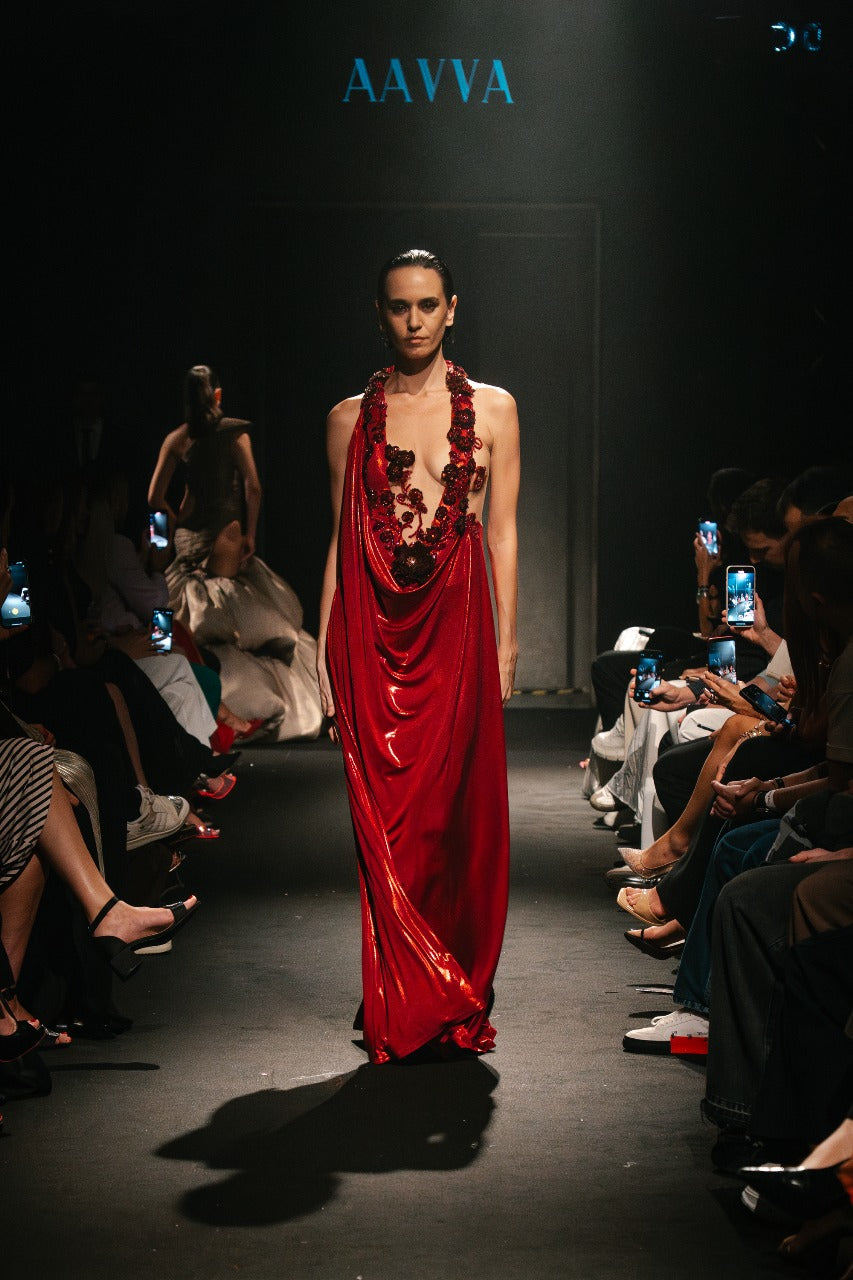 Bold Gown with a Deep Plunging Neckline, Framed by Intricate 3-D Floral