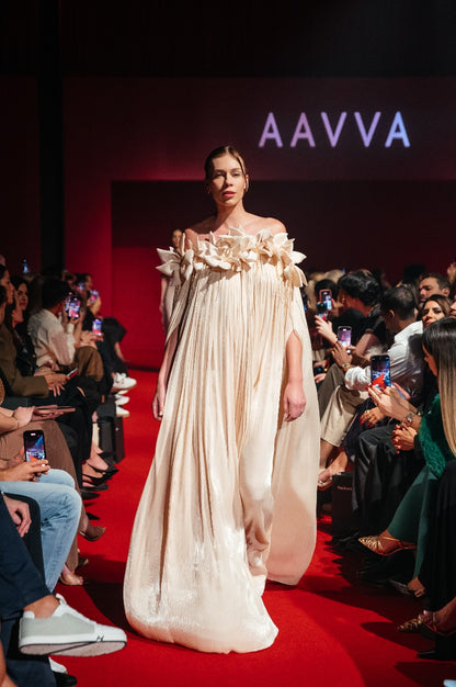 Off shoulder oversize flowy sleeves with 3D flowers