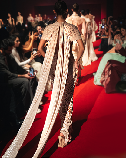 High neck shortsleeves full draping embellish with 3D embroidery flowers