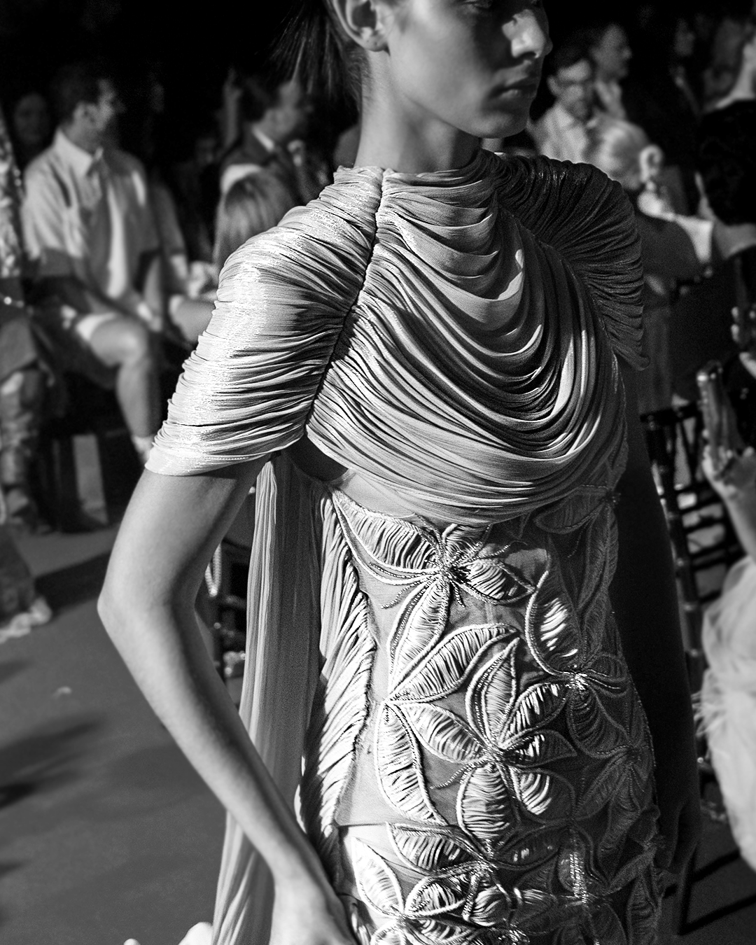 High neck shortsleeves full draping embellish with 3D embroidery flowers