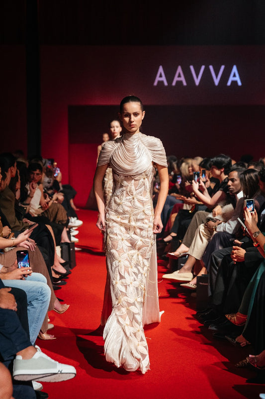 High neck shortsleeves full draping embellish with 3D embroidery flowers