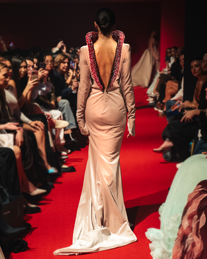 Long sleeve gown with embroidery beads design on collar