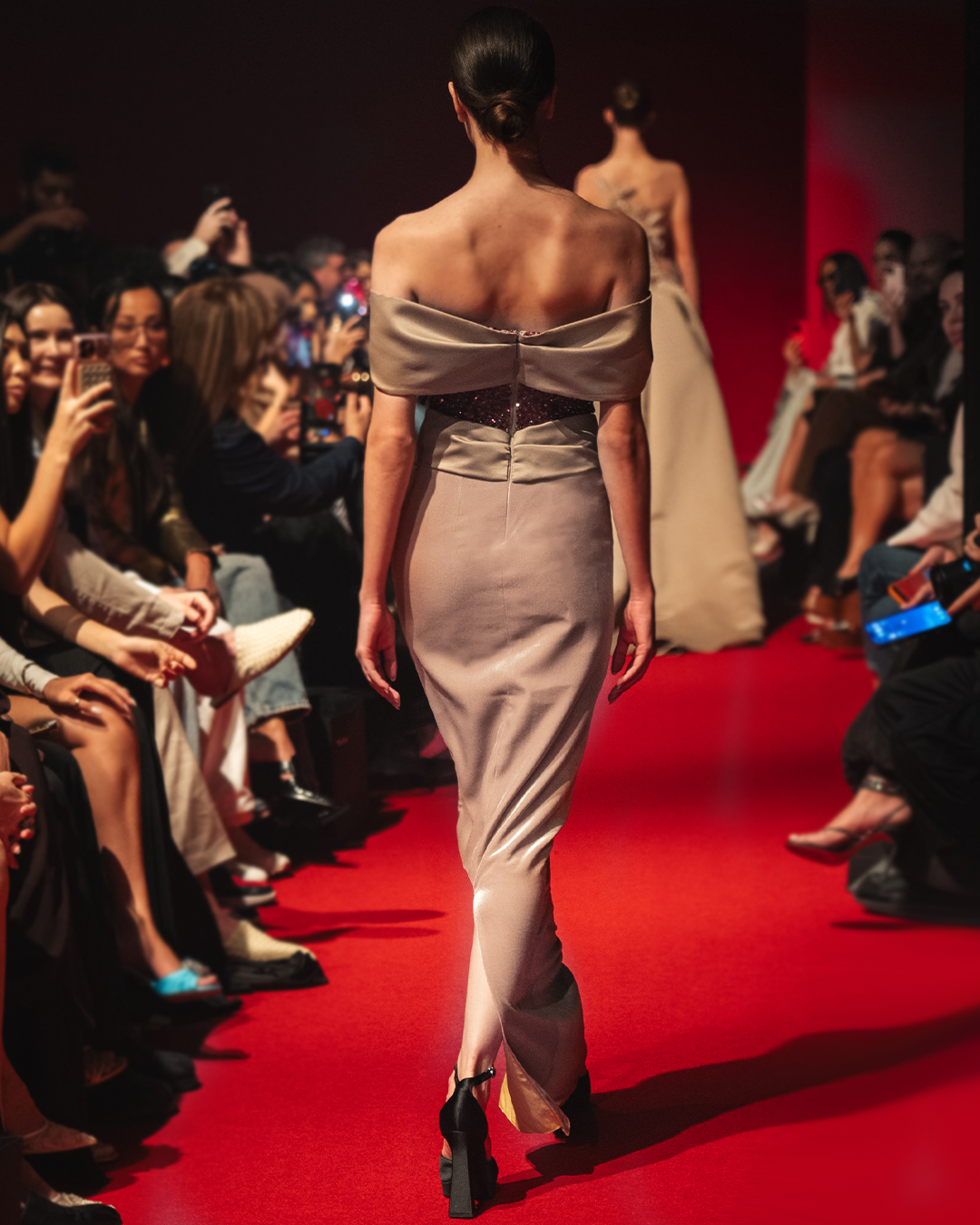 Off Shoulder embellished with red crystals, beads and burgundy drops on corset, in velvet long gown