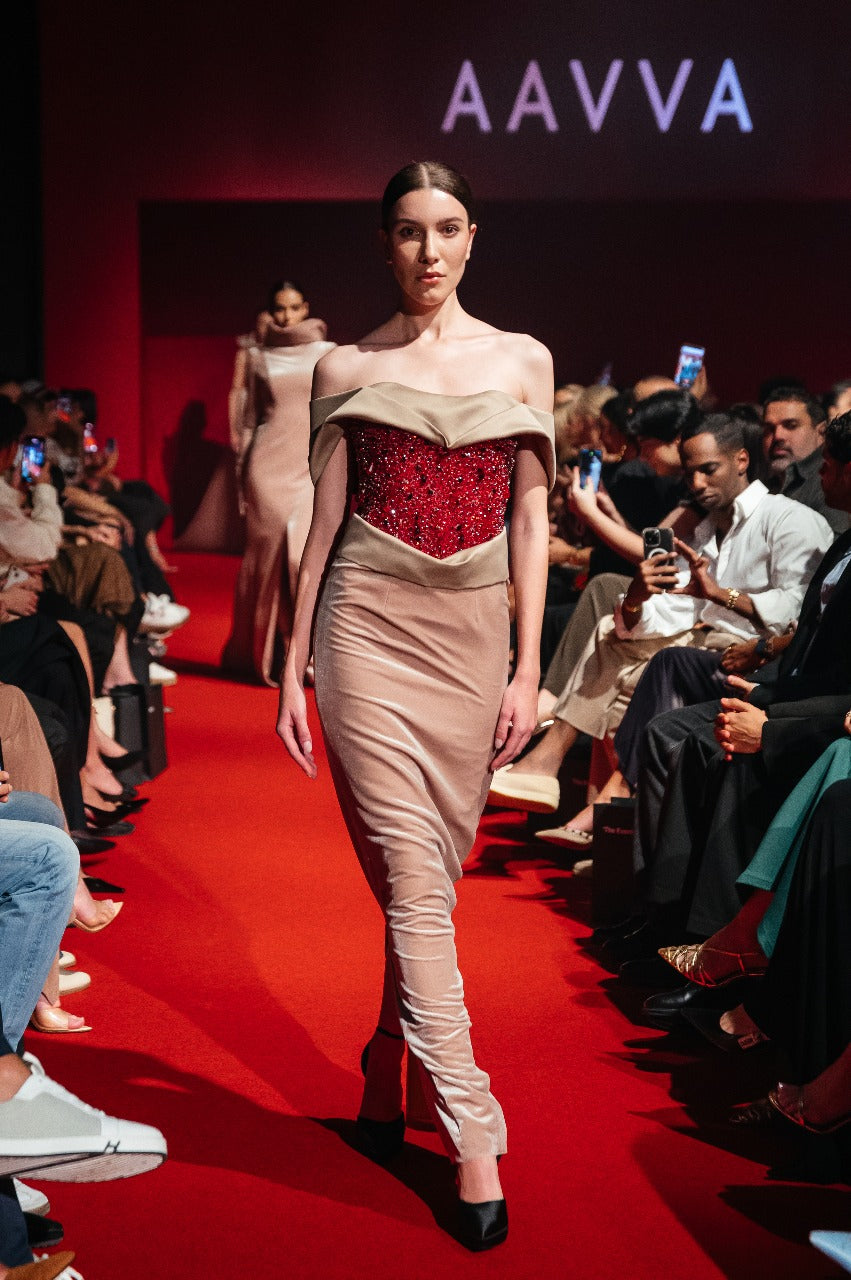 Off Shoulder embellished with red crystals, beads and burgundy drops on corset, in velvet long gown