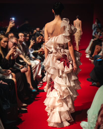 One Shoulder Organza gown with layers of raffles