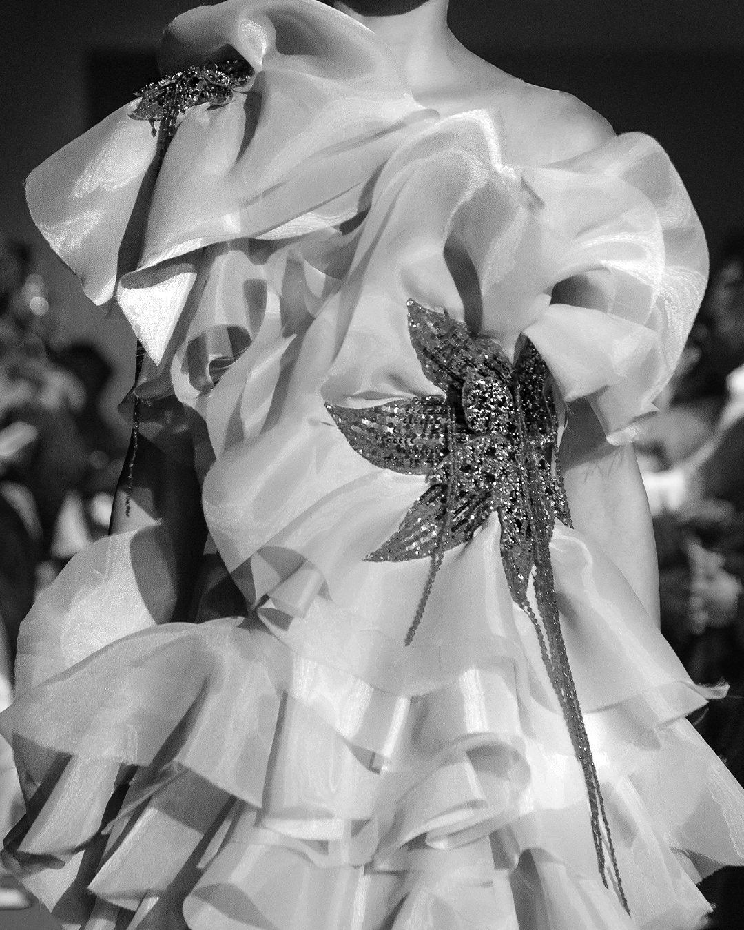 One Shoulder Organza gown with layers of raffles