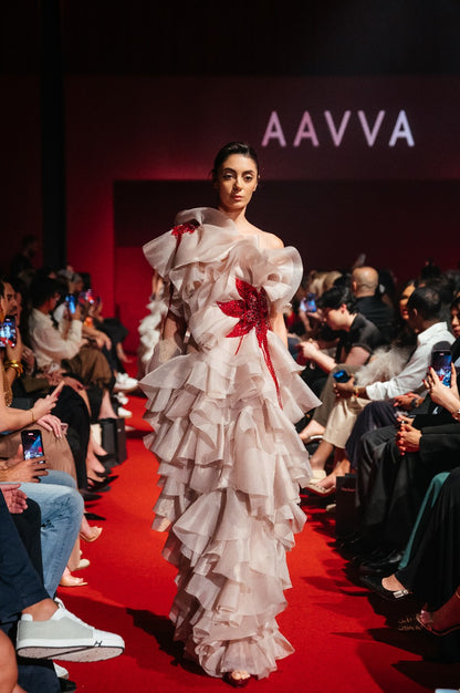 One Shoulder Organza gown with layers of raffles