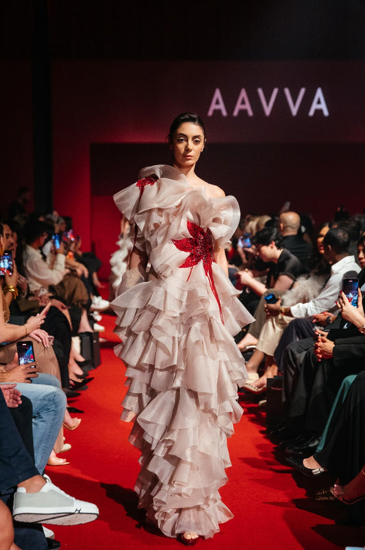 One Shoulder Organza gown with layers of raffles