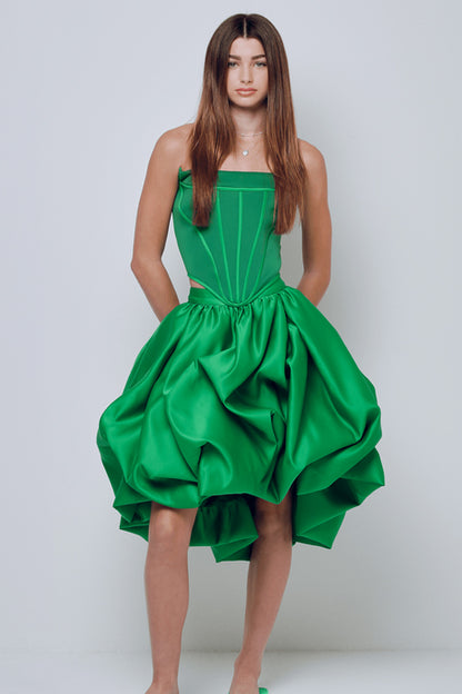 Jade Corset Top / Mini Satin puffy high low skirt