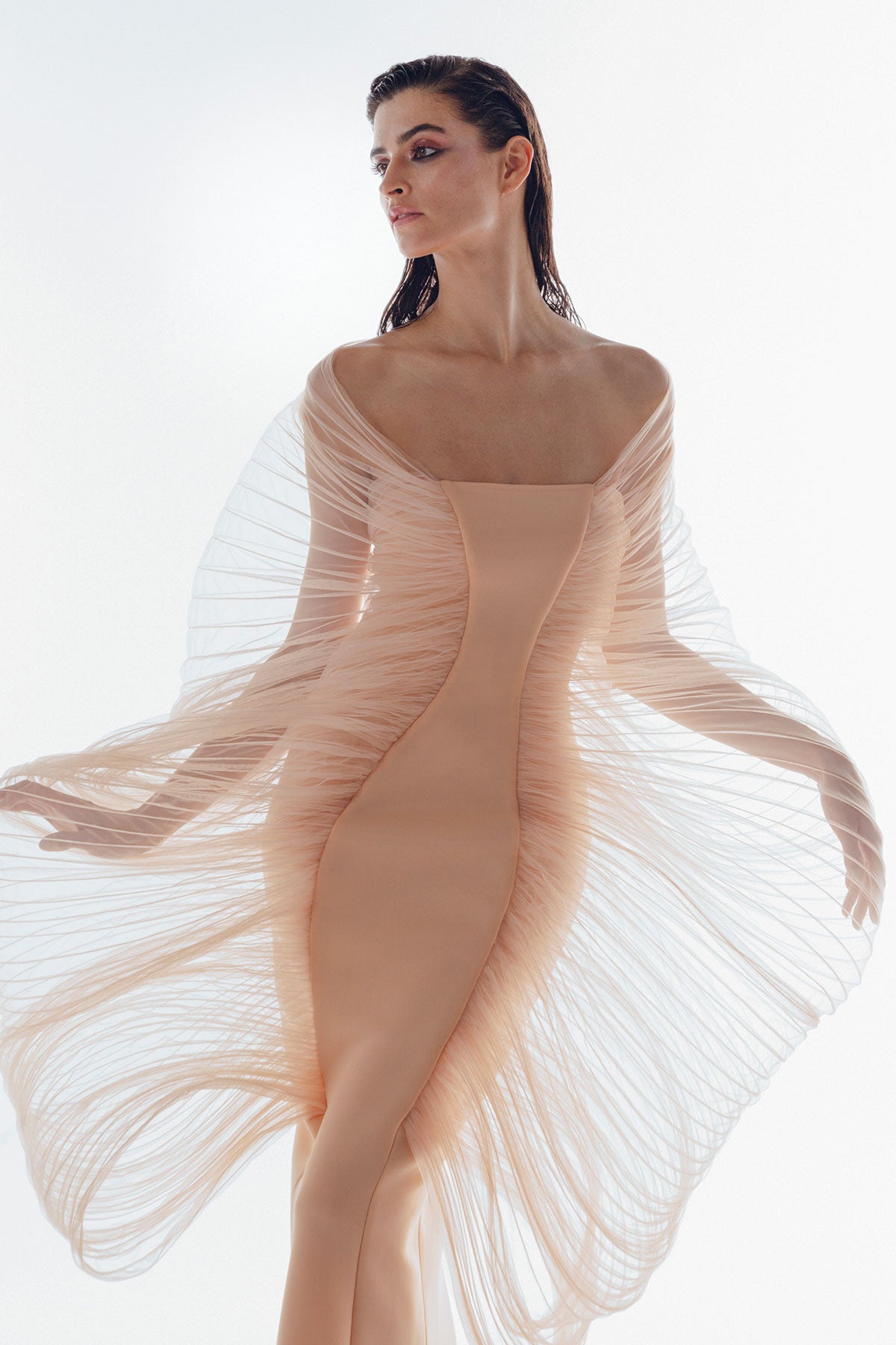 Floor-length dress in a soft cream neoprene fabric.