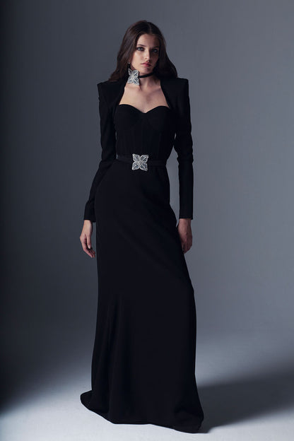 High shoulder black crepe dress with head cover