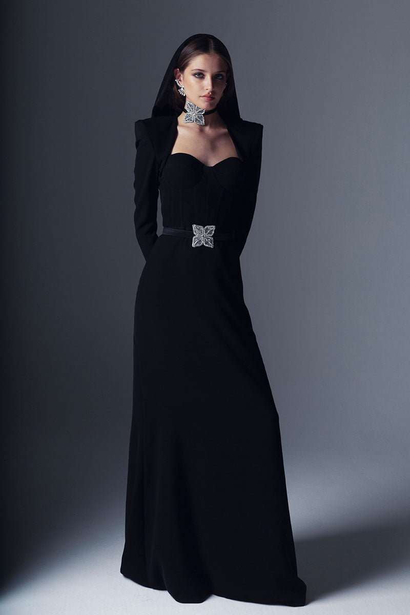 High shoulder black crepe dress with head cover