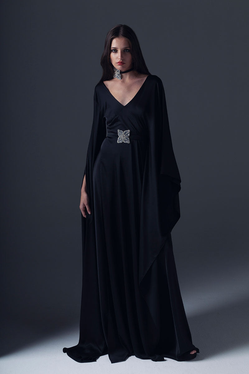 Silk black dress with two styles of sleeves