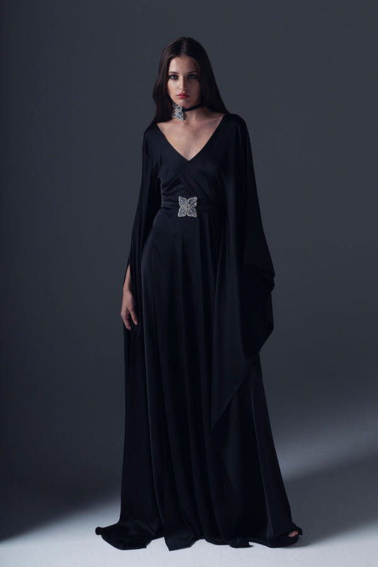 Silk black dress with two styles of sleeves