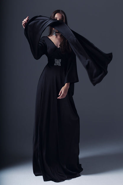 Silk black dress with two styles of sleeves