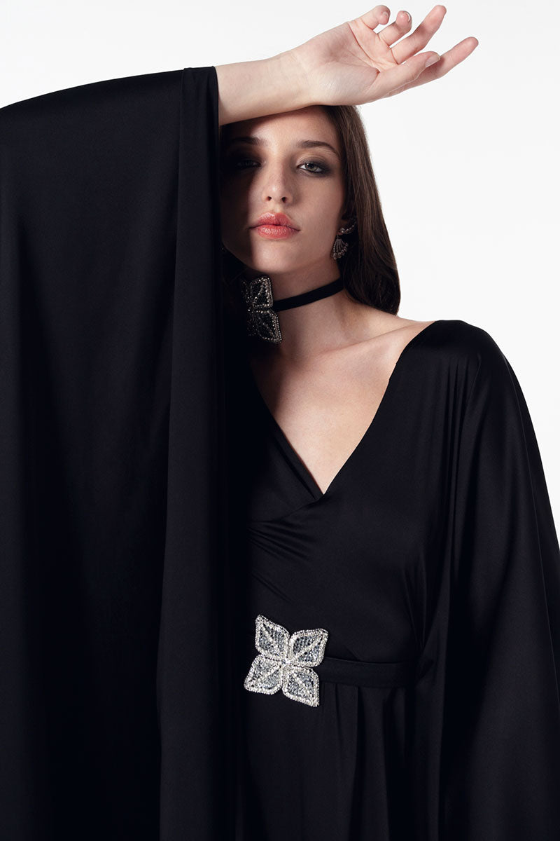 Silk black dress with two styles of sleeves