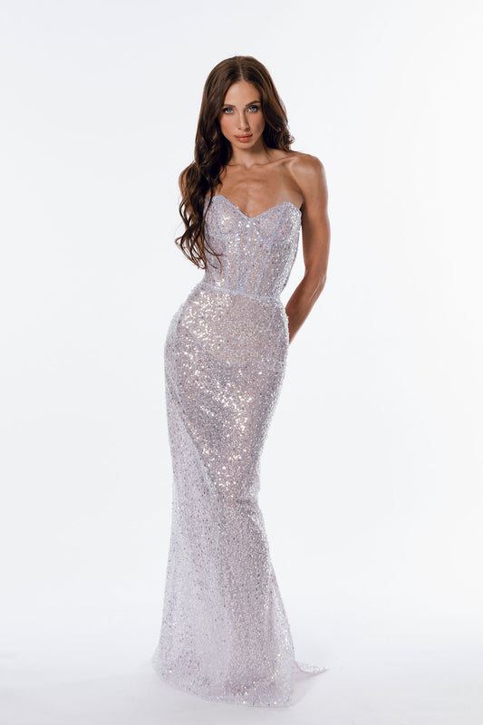 Full-length strapless evening gown with a fitted silhouette and open back