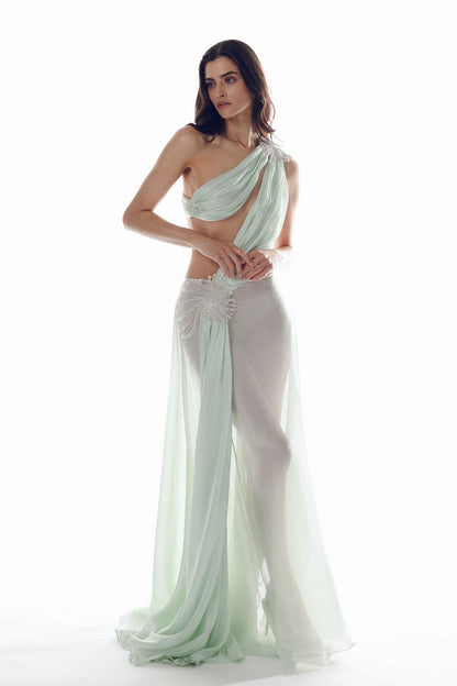 A floor-length mint chiffon dress with a Grecian-inspired design.