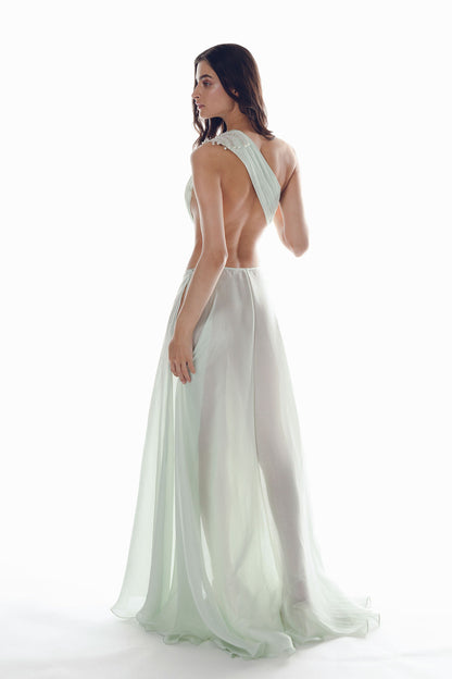 A floor-length mint chiffon dress with a Grecian-inspired design.