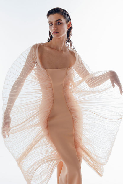 Floor-length dress in a soft cream neoprene fabric.