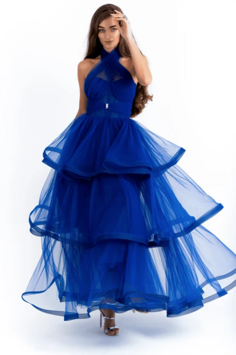 Cross Halter Neck Tulle Gown With Layered Skirt