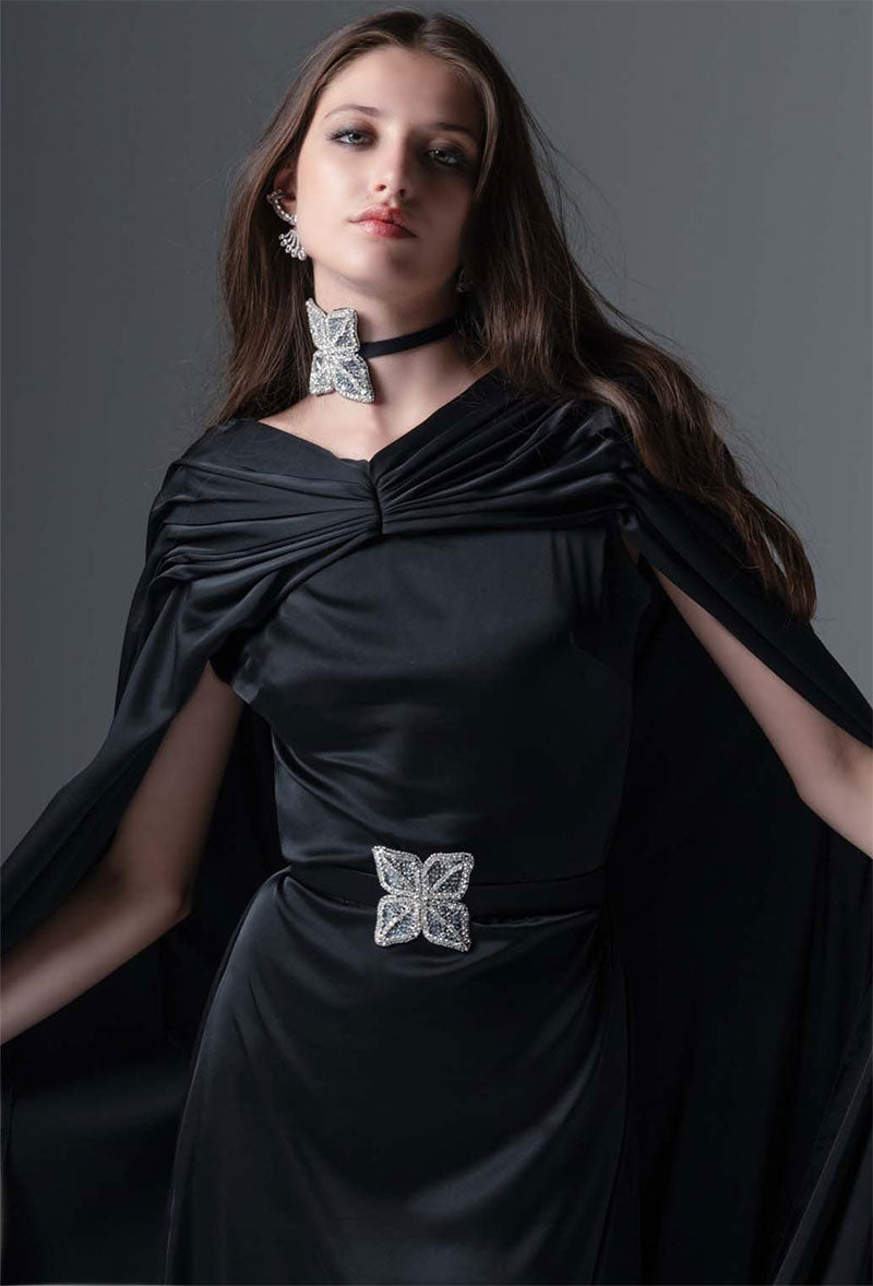 Silk black dress with embroidered silver flower belt