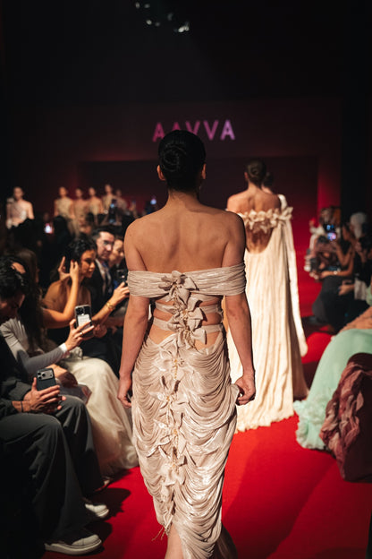 Off Shoulder draping long gown