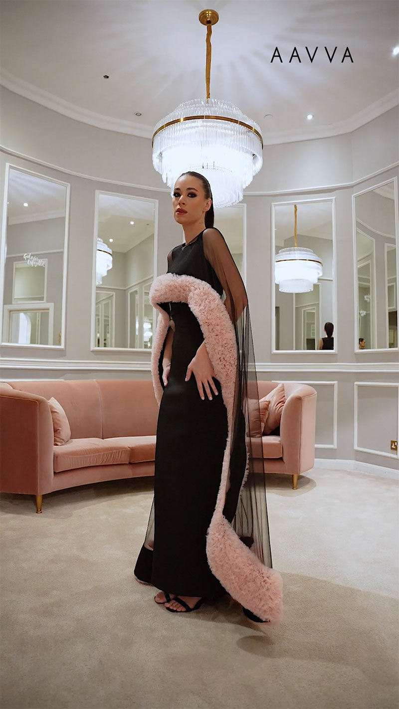 Fitted Neoprene Gown With Long Sheering Cape