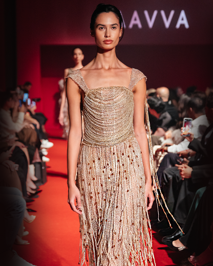 Fully Beaded Off Shoulder sleeves Gown